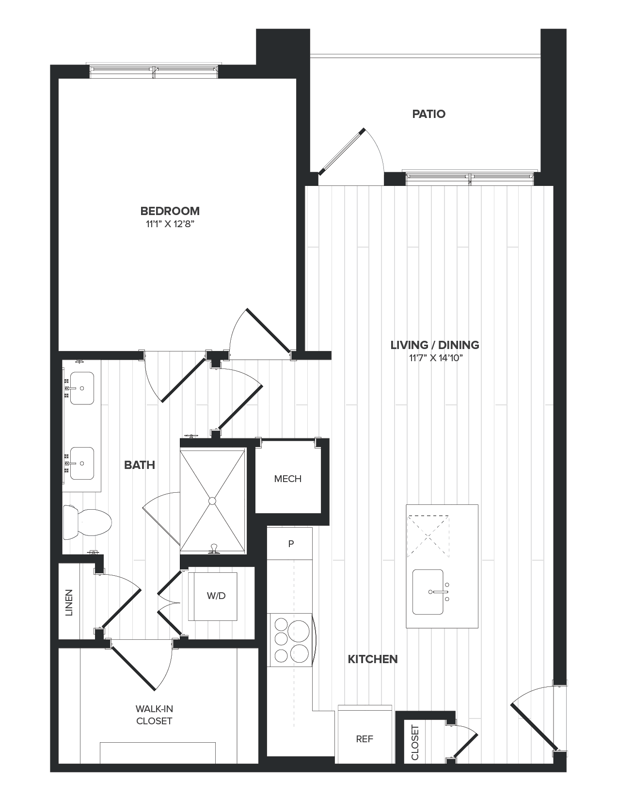 Floor plan for 1 bed, 1 bath, 728 sqft